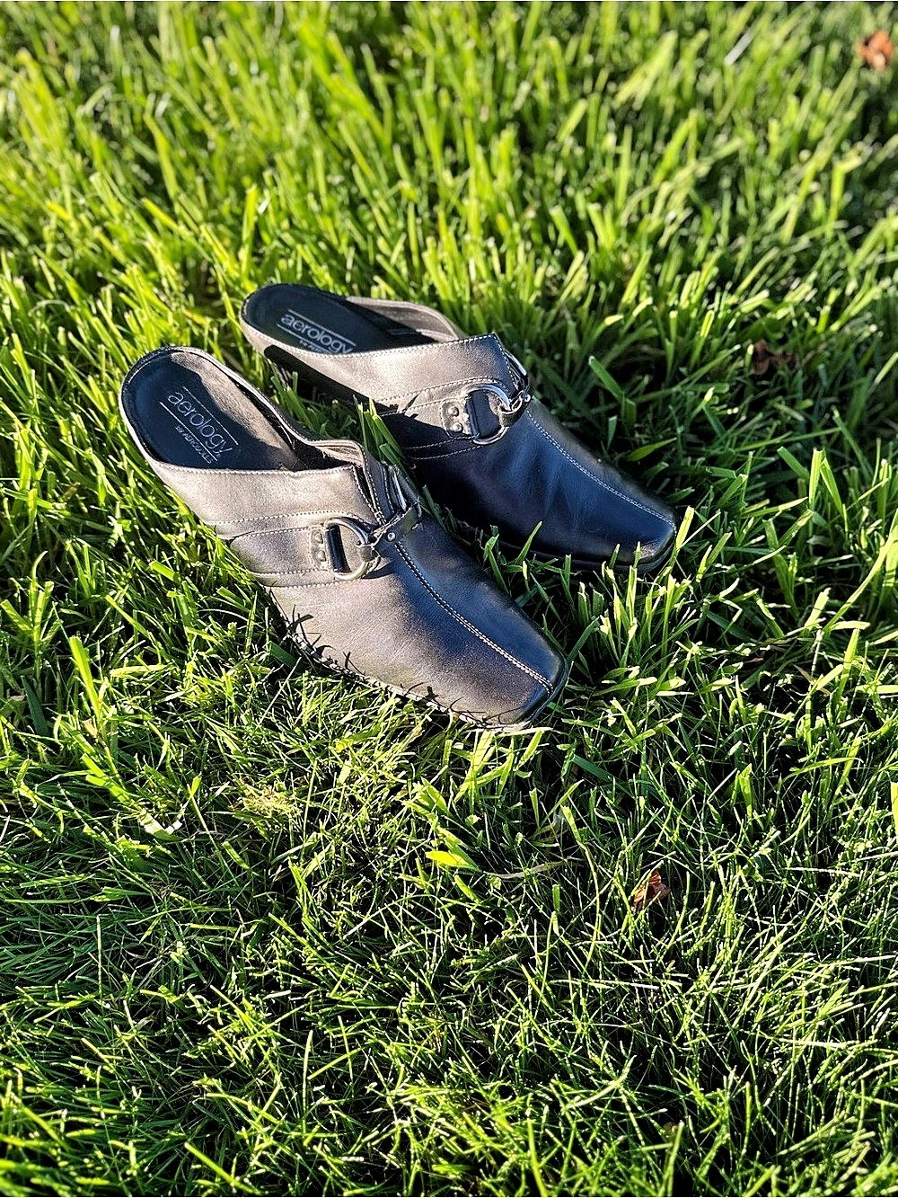 Vintage 90s Aerology by Aerosoles Black Square Toe Heeled Mules Slides Buckle